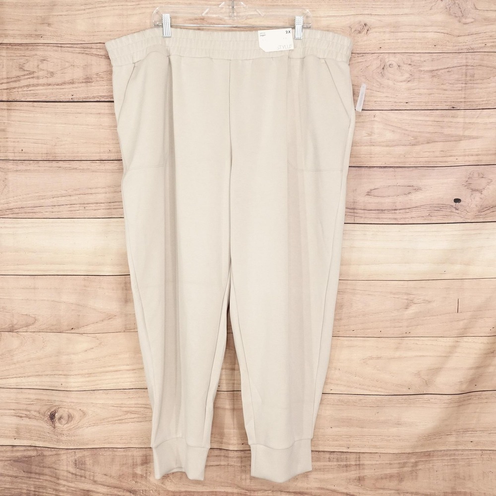 New! Stylus Pants Womens 2X Silver Gray Mid Rise Jogger Cuffed Knit Stretch